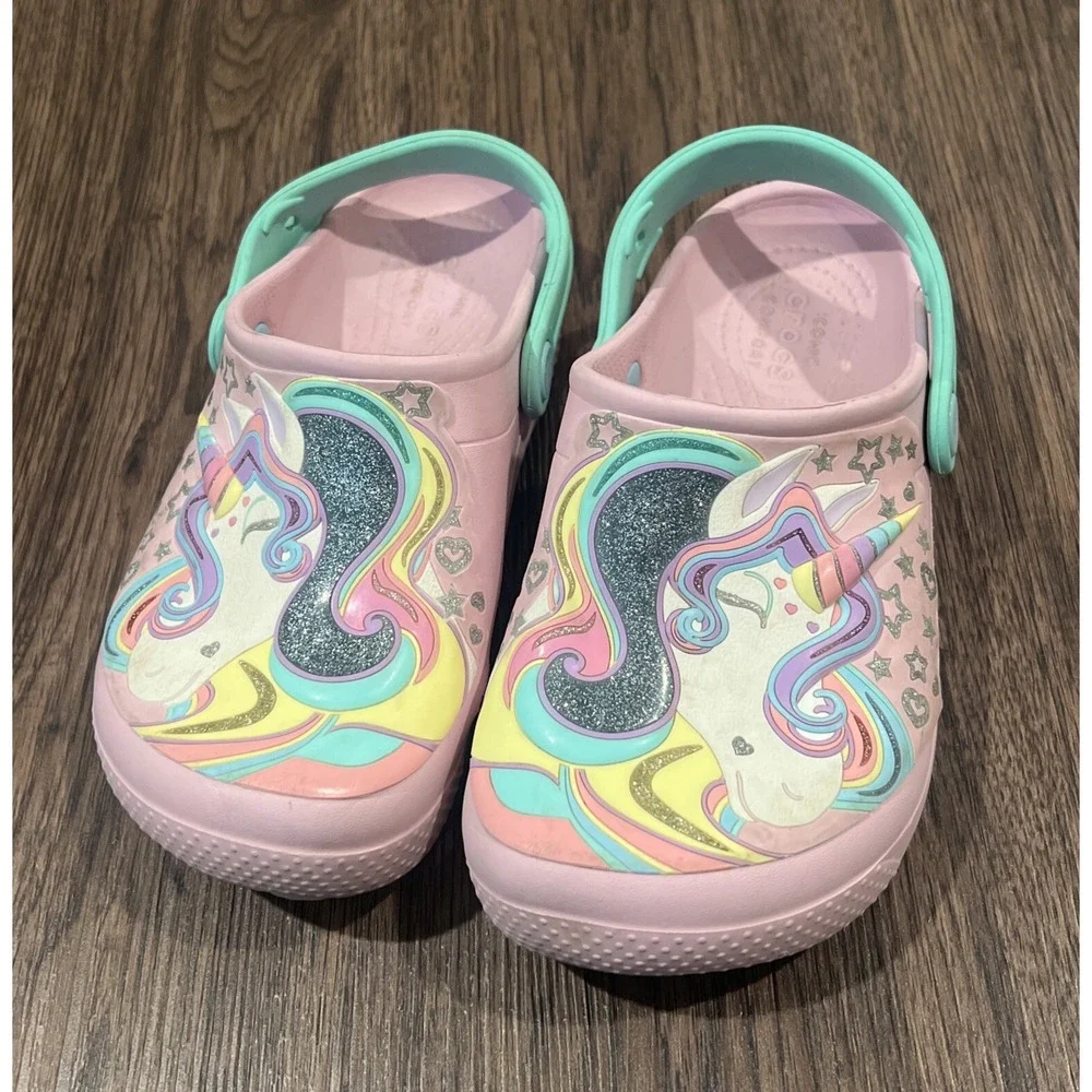 Crocs Fun Lab Unicorn Girls Clogs Boat Shoes Pink Slip On Glitter Shoes Size J 2